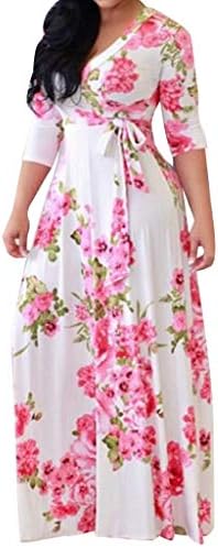 שמלת קיץ לנשים 2023 בוהו מזדמן פרחוני צווארון שרוול בינוני מקסי שמלת חוף הוואי