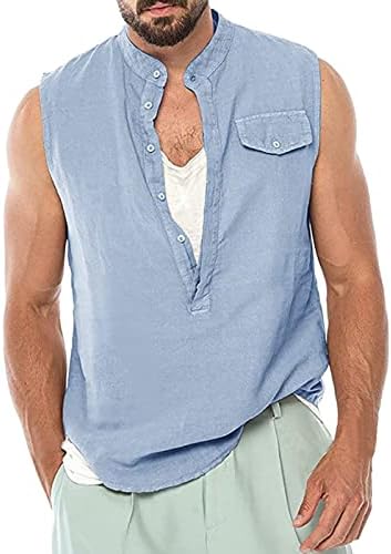 חולצות פשתן כותנה של UBST לחולצות ללא שרוולים לגברים הנלי נלי נ 'אפוד צוואר חופשת קיץ רופפת גופיות חוף מזדמנים