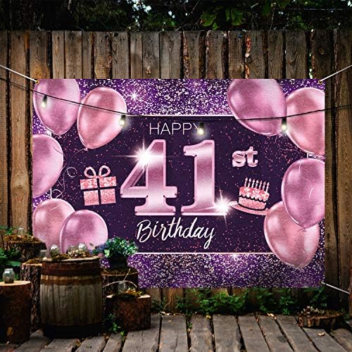 תפאורת באנר יום הולדת 41 של פאקבום מאושרת - 41 קישוטים למסיבות יום הולדת ציוד לנשים - זהב סגול ורוד 4 x 6ft