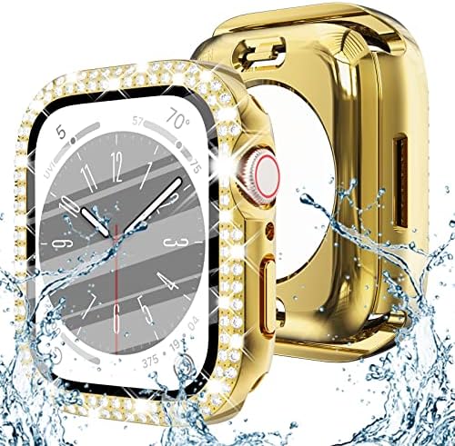 SURACE 2 ב 1 מארז בלינג אטום למים תואם לסדרת Apple Watch 8 7 41 ממ, מעל 100 יהלום קריסטל עם מגן מסך, קדמי ואחור מלא כיסוי פנים פגוש מגן לנשים, 41 ממ זהב