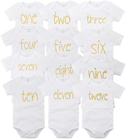 קווקאס תינוק / תינוקות / פעוט מיילסטון חתיכה אחת 12 בגד גוף סט, מתנת סט לתינוקות, 0-12 חודשים