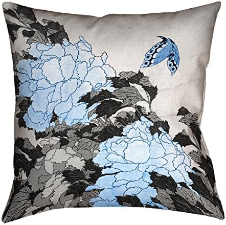 Artverse HOK055P1818D Peonies & Butterfly עם כרית מבטאים כחולים, 18 x 18