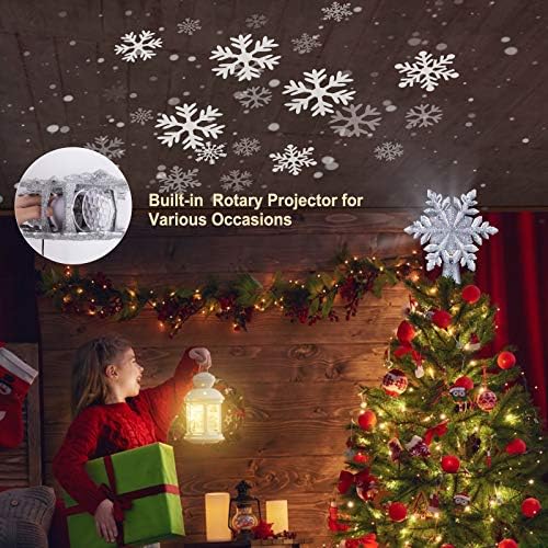 עץ חג המולד טופר מואר עם אורות מקרן של פתית שלג מובנית LED, טופר עץ חלול 9.6 עם ספנגלס כסף מקורה למסיבה מקורה לחג המסיבה השנה החדשה עיצוב עץ עץ