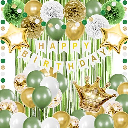 קישוטי מסיבת יום הולדת ירוק של Lasocy Sage Sage ירוק בלוני זהב אוקליפטוס רטרו ירוק זית, לבן יום הולדת שמח באנר מרווה בהיר כסף ירוק ירוק רקע יום הולדת לבנות נשים תינוקות