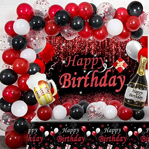 אדום ושחור מסיבת קישוטים, יום הולדת שמח קישוטי עבור גברים נשים עם צילום רקע & מגבר; מפת שולחן בלוני קשת ערכת באנר יום הולדת ספקי צד באר יום הולדת דקור עם שולחן כיסוי