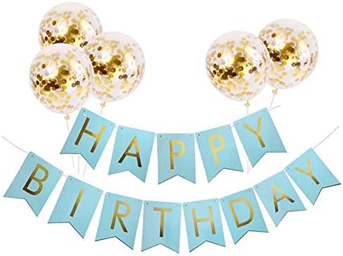 מספר כחול 1 בלון + יום הולדת שמח בלוני באנר עם 5 יחידות זהב קונפטי בלונים, יום הולדת שמח קישוטים