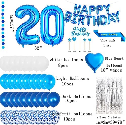 יוג'יאונלי קישוטים למסיבת יום הולדת 20 כחול יום הולדת שמח בלונים בלונים כחולים מספר 20 יום הולדת שמח עוגת אבנט טופר לטקס ובלוני קונפטי