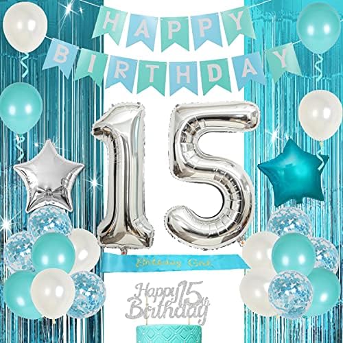 קישוטים ליום הולדת 15 לבנות צהיר כחול כחול ה -15 ציוד מסיבת יום הולדת טורקיז