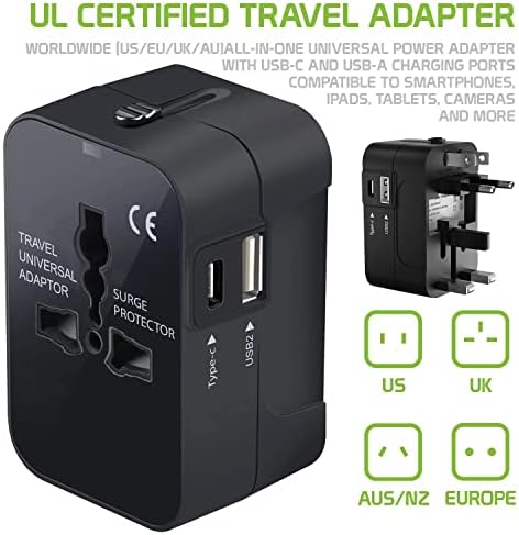 Travel USB פלוס מתאם כוח בינלאומי תואם ל- Alcatel Onetouch Fire e עבור כוח עולמי עבור 3 מכשירים USB Typec, USB-A לנסוע בין ארהב/איחוד האירופי/AUS/NZ/UK/CN