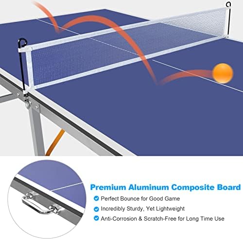 KL KLB Sport 6ft שולחן טניס בגודל בינוני שולחן טניס מתקפל ונייד פינג שולחן פונג סט למשחקי פנים וחוץ עם רשת, 2 משוטים טניס שולחן ו -3 כדורים