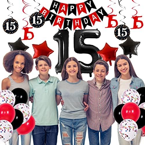 קישוטים ליום הולדת 15 לבנות בנים, ציוד מסיבת יום הולדת 15 אדום שחור יום הולדת 15 עבור עיצוב באדי בן 15 לבני נוער
