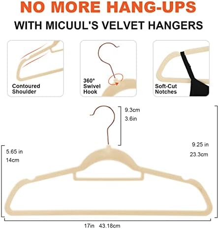 קולבי קטיפה של Micuul Velvet 50 חבילה, קולבים ורודים עם מוט עניבה, קולבי בגדים ללא החלקה ועמידים מחזיקים עד 18 קילוגרמים, כבד 360 מעלות קולבי הרגש מעילים, מכנסיים ובגדי שמלה ， Beige-1