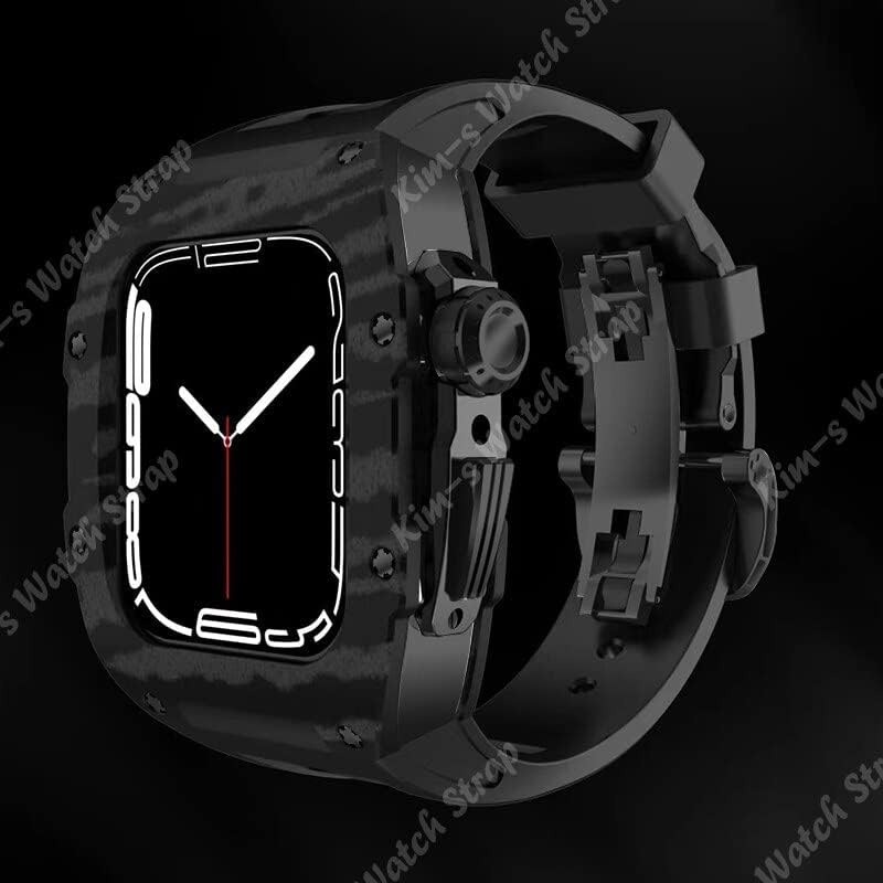 ערכת שינוי סגסוגת סיבי פחמן של סיבי פחמן ערכת שינוי מארזת Apple Watch 7 45 ממ רצועת גומי פלואור עבור IWatch 6 SE 5 4 44 ממ סט פס