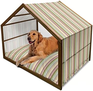 פסי אמבסון בית כלבים מעץ, דפוס צבעוני עם רצועות צבעוניות פסטליות מיושרות אנכית איור מופשט, מלונה כלבים ניידת מקורה וחיצונית עם כרית וכיסוי, X-Barge, Multicoror