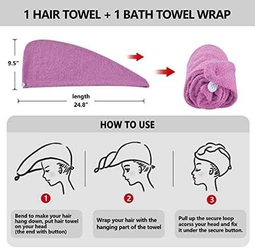מגבת רחצה של Rujipo לנשים לנשים עטיפת ספא ​​חלוק ומגבת שיער, מגבות מקלחת של חטיפי כותנה, חלוקי רחצה מתכווננים S-XXL （סגול）