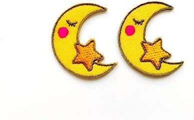 הסט של 2 מיני זעיר ירח קטן וחמוד ישן עם טלאי כוכבים תפור ברזל על תלבוש בגדי טלאי של שלט אפליקציות רקום