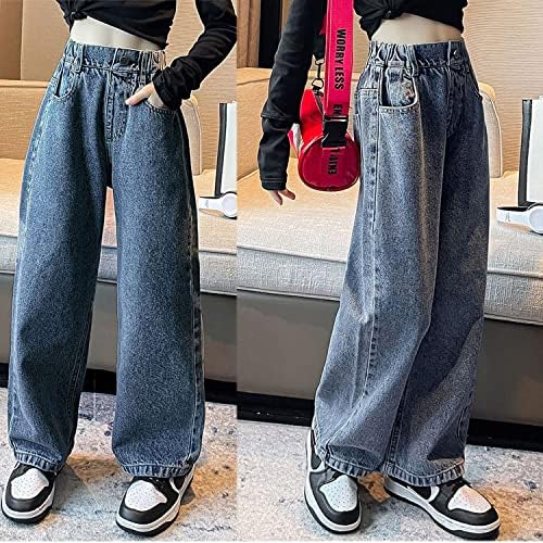 אופנה ילדים בנות קרע במצוקה שטף בבאגי רחב רגל ג 'ינס מזדמן ג' ינס מכנסיים גודל 5-14 שנים