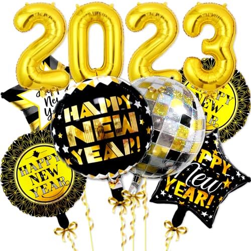 סט בלונים לשנה החדשה כוללת זהב 2023 בלונים שנה טובה בלונים דיסקו בלונים בלונים של השנה החדשה בלונים, בלוני שנה טובה זהב שחור 2023 לקישוטים לשנה החדשה 2023
