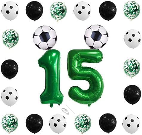 22 PCS כדורגל קישוטים ליום הולדת 15, מספר 15 בלון כדורגל נייר כסף לקישוטי מסיבת סיום מקלחת לתינוקות יום הולדת לתינוק